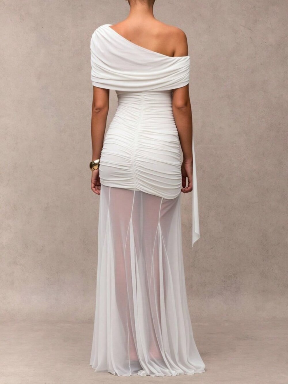White Elegant Women's Minimalist Asymmetrical Shoulder Formal Dress - Picture 2 of 6